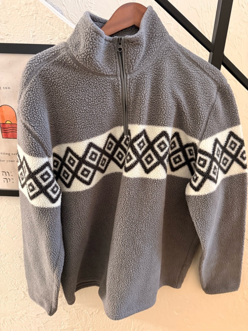 Gray Sherpa Half-Zip Pullover with Geometric Stripe